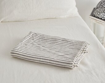 Linen flat sheet in gray stripes. Softened bedding. Stone washed, Queen, King, Custom size linen sheet.