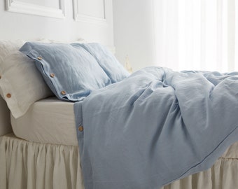 Set linen bedding in blue sky. Softened, washed, queen, king size duvet cover set + 2 pillowcases.