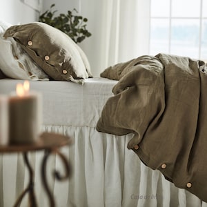 Green Linen duvet cover, washed, softened linen bedding. Custom size pure linen coverin olive color .