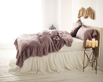 Ruffled Linen Duvet cover wood rose color. Shabby Chic Linen duvet cover. Custom size duvet cover. Available in 21 colors