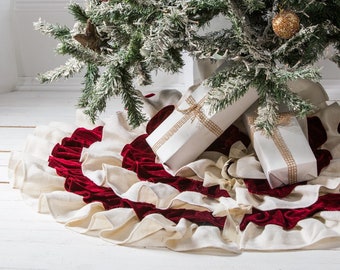 Christmas tree skirt -Red Burgundy Velvet Ivory Burlap tree skirt  - Holiday tree skirt - Ruffles tree skirt-available size