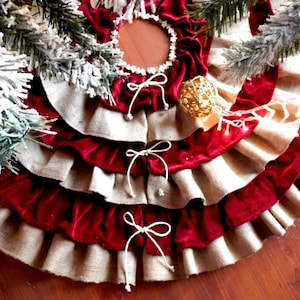 Christmas tree skirt with velvet Red Burgundy and Burlap ruffles. Custom size image 1