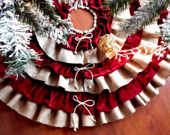 Christmas tree skirt with velvet Red Burgundy and Burlap ruffles. Custom size