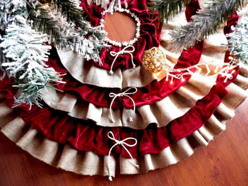 Christmas tree skirt with velvet Red Burgundy and Burlap ruffles. Custom size image 1