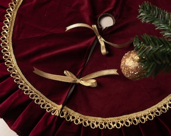 Elegant velvet christmas tree skirt with ruffles, available in 3 colors, Red Burgundy, Ivory and classic red. Custom size