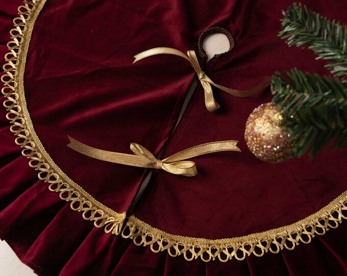 Hand Beaded Velvet Floral WIne Christmas Tree Skirt 60