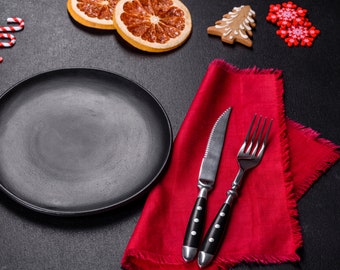 Soft red Christmas Linen Napkins for Holiday Decor. Washed fringed linen dinner napkins for wedding. Custom napkins