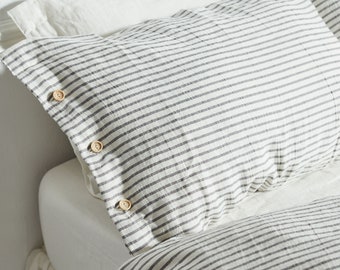 Striped linen pillows,  pillow case in gray stripes. Softened, washed, queen, king size pillow cover.