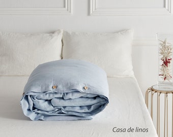 Softened linen duvet in blue sky color, washed, softened linen bedding. Pure linen bed cover. Custom size