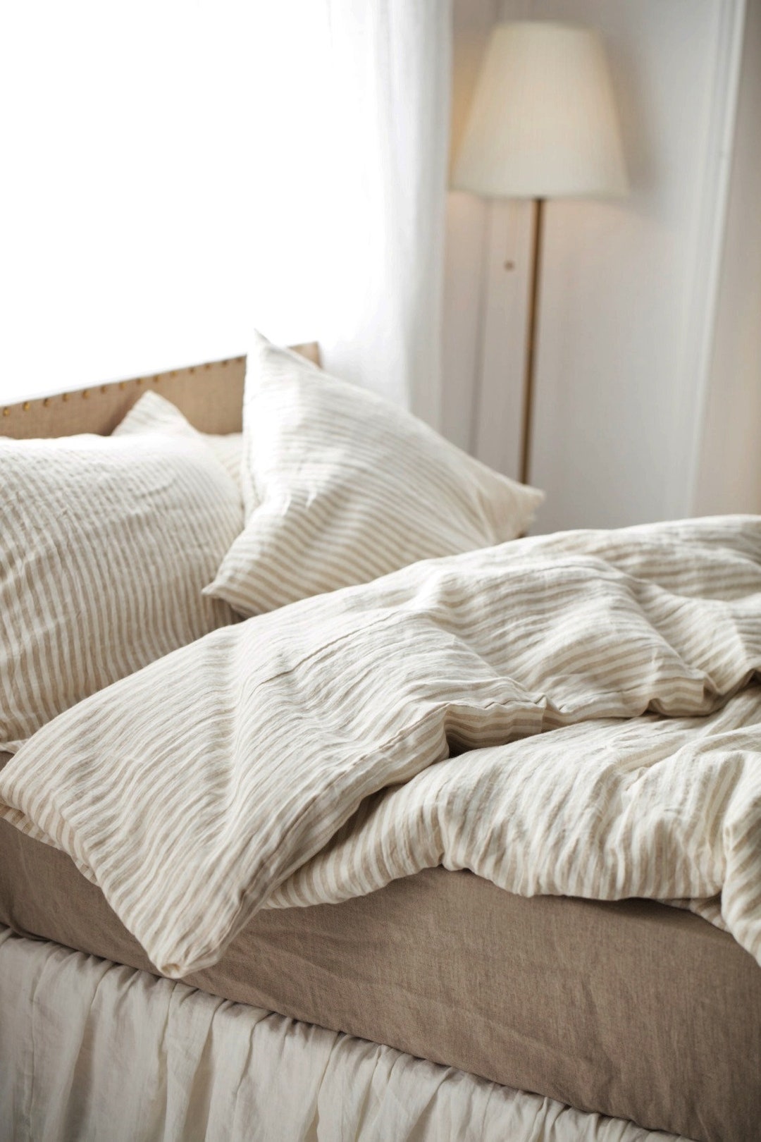 Linen Duvet Cover in Flax Stripes Color, Washed, Softened Linen Bedding