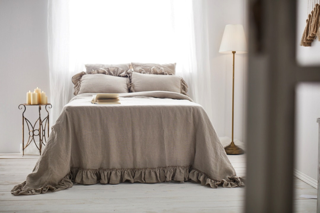 Linen Flat Sheet. Ruffled Linen Bed Cover in 21 Colors. Linen Summer