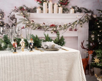 Linen tablecloth for thanksgiving gray striped, Round, square, rectangular table linen cover. Custom linen fabric table cloth.