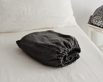 Linen fitted sheet in Dark gray color. Stone washed, softened linen bedding. Linen sheet in King / Queen, custom sizes.