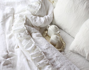 Ruffled Linen Duvet cover in ivory color. Shabby Chic Linen duvet cover. Custom size duvet cover. Available in 21 colors