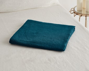 Linen flat sheet in petrol. Softened bedding. Stone washed, Queen, King, Custom size linen sheet.