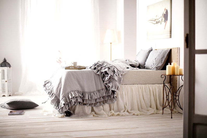 Ruffled Linen Duvet Cover in Old Rose Color. Shabby Chic Linen Etsy