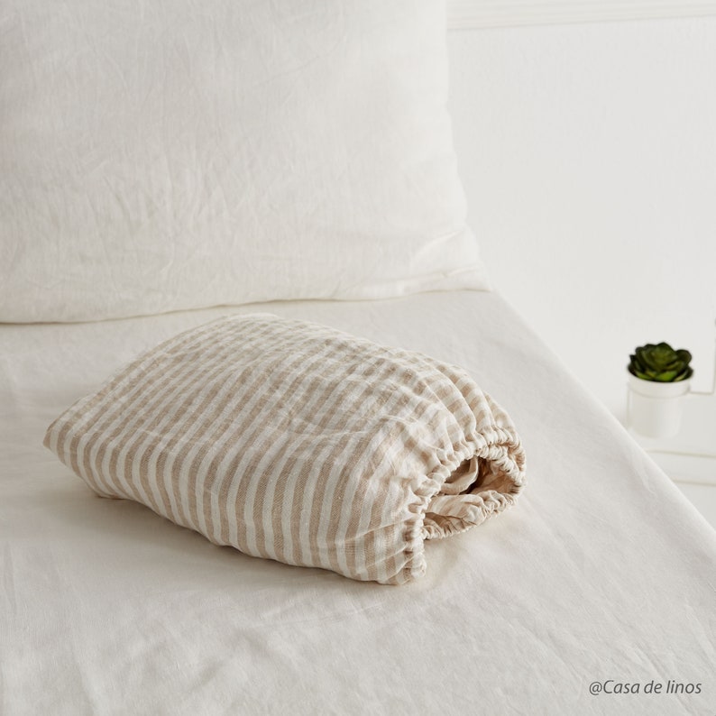 Linen fitted sheet in flax stripes. Stone washed, softened linen bedding. Linen sheet in King / Queen, custom sizes. image 1