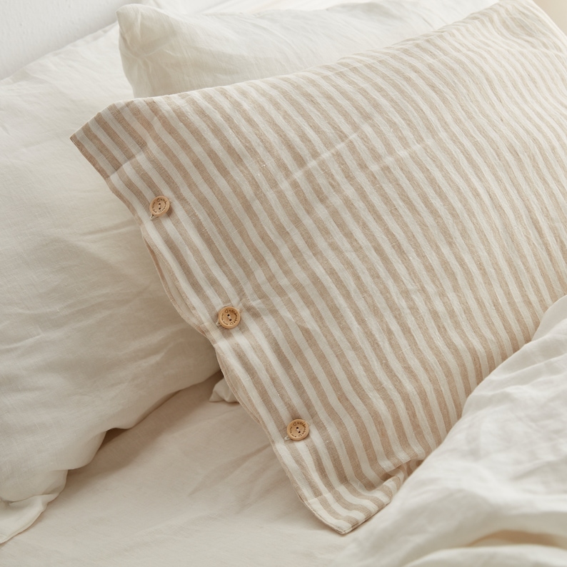 Striped pillows, Linen pillow case in flax stripes. Softened, washed, queen, king, custom size linen pillow cover. image 3