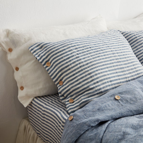 Striped Linen pillow case . Softened, washed, queen, king size pillow cover in blue stripes