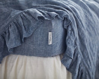 Linen fitted sheet in Blue jean color. Stone washed, softened linen bedding. Linen sheet in King / Queen, custom sizes.