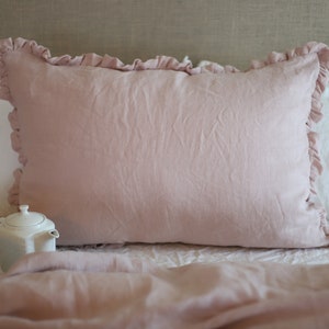 Soft Ruffled Linen pillow case in old rose color. Standard, queen, king, custom size pillow cover from washed linen.