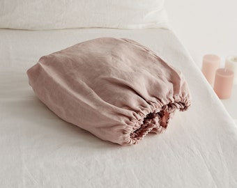 Linen fitted sheet in Old rose color. Stone washed, softened linen bedding. Linen sheet in King / Queen, custom sizes.