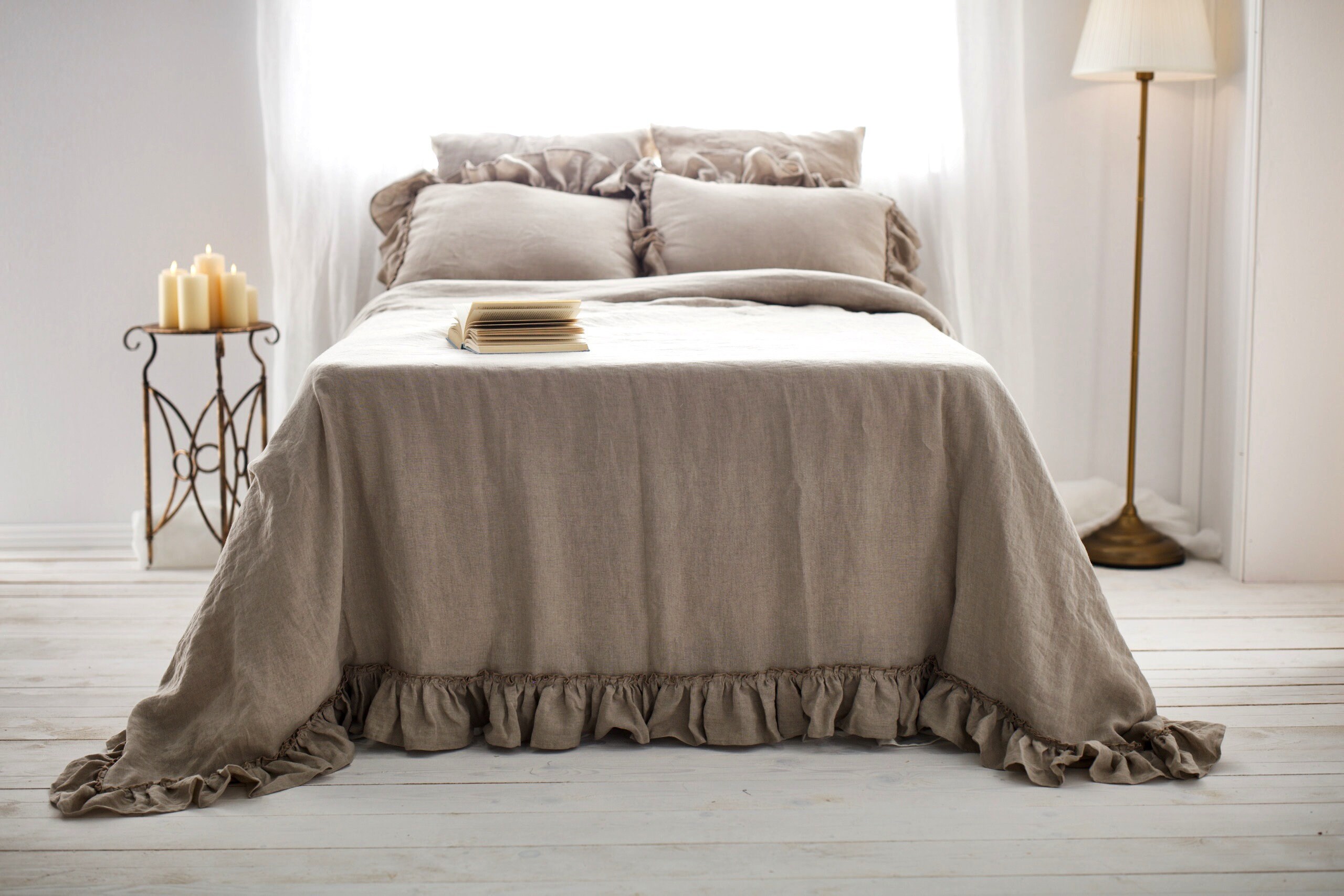 Ruffled Flax Linen Coverlet Linen BedspreadRuffled Bed Etsy