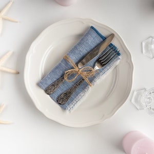 Soft Linen Napkins. Wood rose Frayed Napkins. Rustic Table Decor. Dinner Cloth dinner set. Wedding napkins. blue jeans