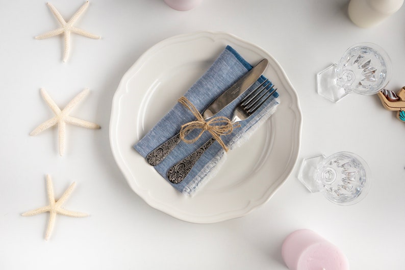Table linens napkins. Pink Frayed Napkins. Rustic Table Decor. Dinner Cloth napkins set. Wedding napkins. blue jeans