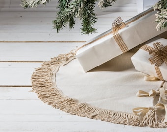 Ivory Velvet Christmas tree skirt  with fringe trim - custom size