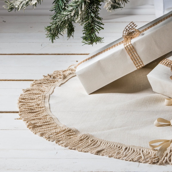 Ivory Velvet Christmas tree skirt  with fringe trim - custom size