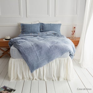 Set linen bedding in blue jean. Softened, washed, queen, king size duvet cover set + 2 pillowcases.