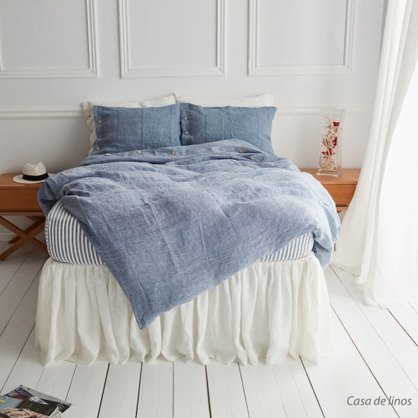 Set linen bedding in blue jean. Softened, washed, queen, king size duvet cover set + 2 pillowcases.