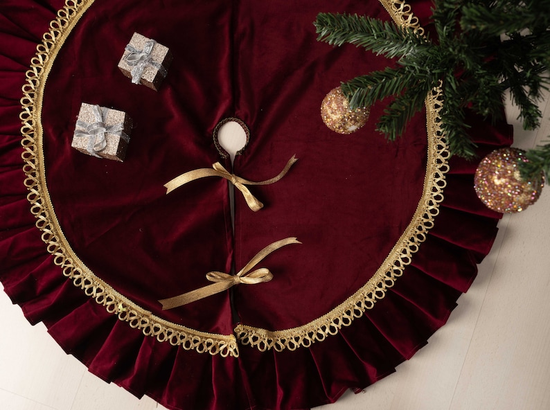 Elegant Velvet Christmas Tree Skirt With Ruffles Available in Etsy