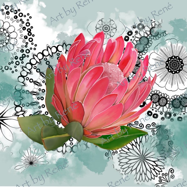 Pink Protea | flower | protea | home decor | decor | mandala | wall hanging | wall art | digital illustration | downloadable artwork