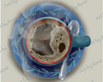 Coffee Time, coffee cup, cup and saucer, kitchen decor,  wall decor, wall art,  wall hanging, digital art, digital downloadable