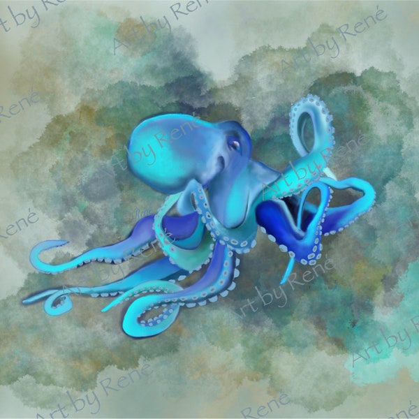 Swimming Octopus | sea life | sea animal | wall hanging | home decor | wall art | digital art | digital illustration | downloadable art