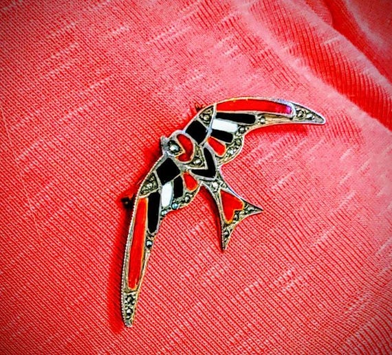 Beautiful sterling silver French enameled marcasite pin