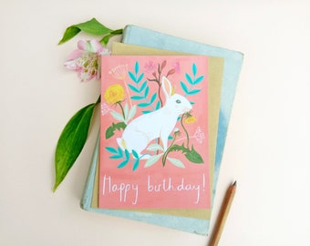 A6 Card Happy Birthday Card For Her Blank Card Bunny Card Botanical Card Floral Card Rabbit Card Pink Card Birthday Card for girls