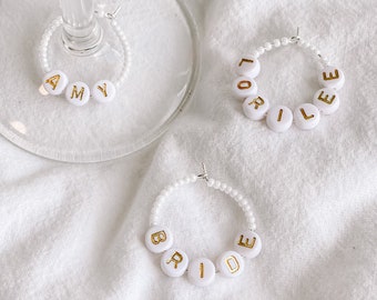 Custom Wine Charms | Wine Glass Name Charm | Bachelorette Birthday Party | Cute Gold White Colourful Beads