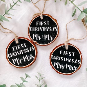 First Christmas Married Hand Painted Wood Christmas Ornament Mr Mrs Newlyweds image 1