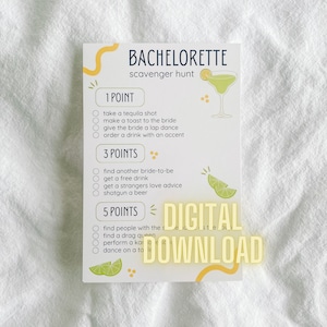 Descarga digital Bachelorette Scavenger Hunt Card / Margaritas & Matrimony Theme Party Games / Wedding Bach Drinking Game