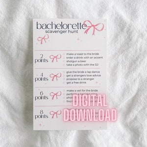 Digital Download Bachelorette Scavenger Hunt Card | She&#39;s Tying the Knot Bow Theme Party Games | Wedding Bach Drinking Game Bows