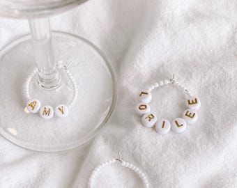 Custom Wine Charms | Wine Glass Name Charm | Bachelorette Birthday Party | Cute Gold White Colourful Beads
