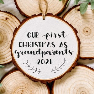 First Christmas as Grandparents Pregnancy Reveal Christmas Wood Painted Ornament White w/ black