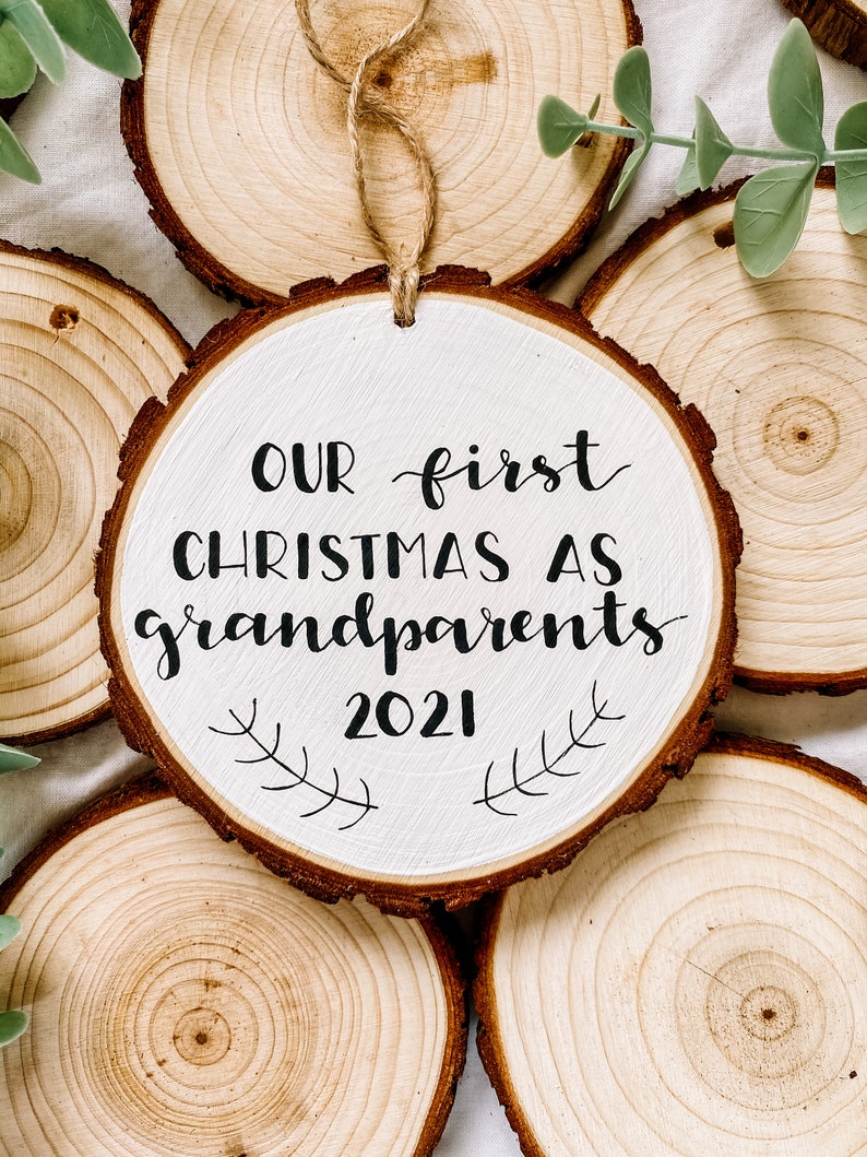 First Christmas as Grandparents Pregnancy Reveal Christmas Wood Painted Ornament White w/ black