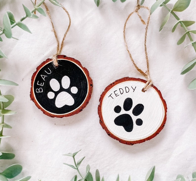 Dog Hand Painted Paw Christmas Ornament Wood Personalized Dog Name Gift Dog Lover image 1