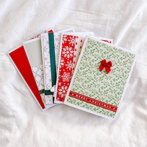 Paquet de cartes de Noël | 5 cartes scintillantes faites main rose rouge | Papier vierge pour enveloppes