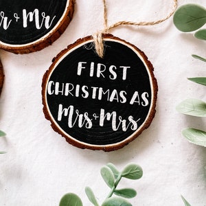 First Christmas Married Hand Painted Wood Christmas Ornament Mr Mrs Newlyweds image 4