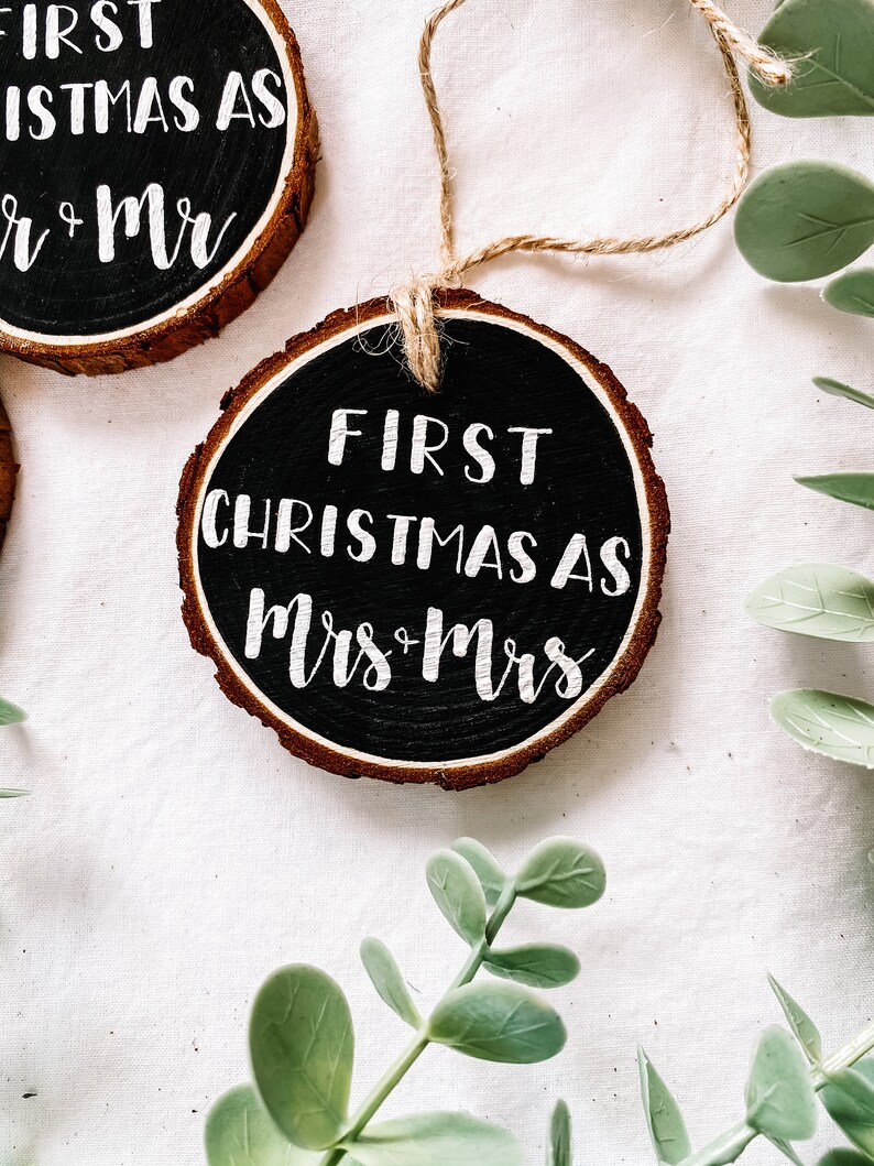First Christmas Married Hand Painted Wood Christmas Ornament Mr Mrs Newlyweds image 4